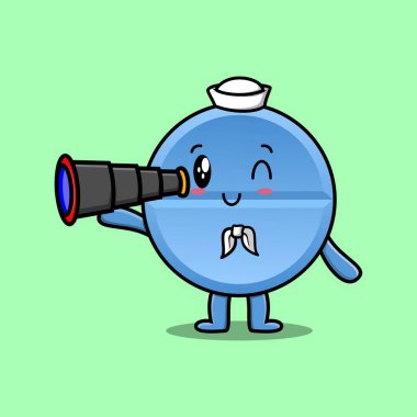 Şapkalı ve dürbünlü şirin, modern stil tasarımlı şirin bir ilaç satıcısı.