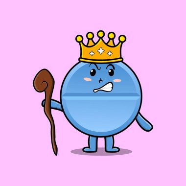 Altın taç ve tahta sopayla bilge kral rolünde şirin bir ilaç maskotu.