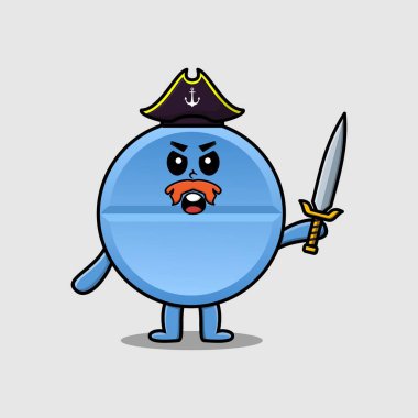 Sevimli maskot karakteri ilaç korsanı şapka takıyor ve modern tasarımda kılıç tutuyor.