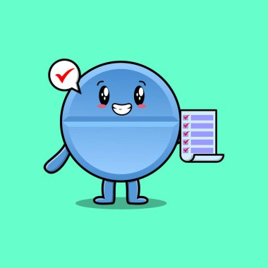 Tatlı çizgi film ilaç karakteri konsept düz çizgi film tarzında kontrol listesi notu tutuyor.