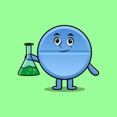 Cute cartoon mascot character pill medicine as scientist with chemical reaction glass