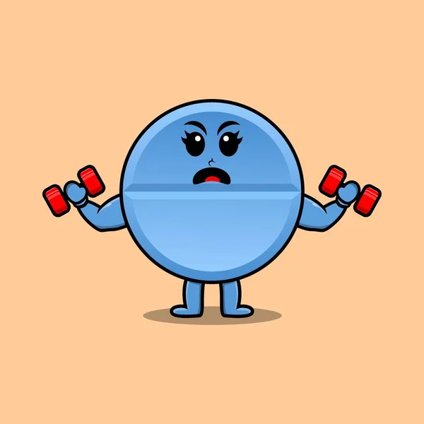 Cute Cartoon Pill Medicine Character Fitness Barbell Modern Style Design — Stockový vektor