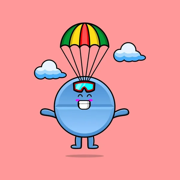 Mascote Bonito Cartoon Medicina Pílula Paraquedismo Com Paraquedas Gesto Feliz — Vetor de Stock