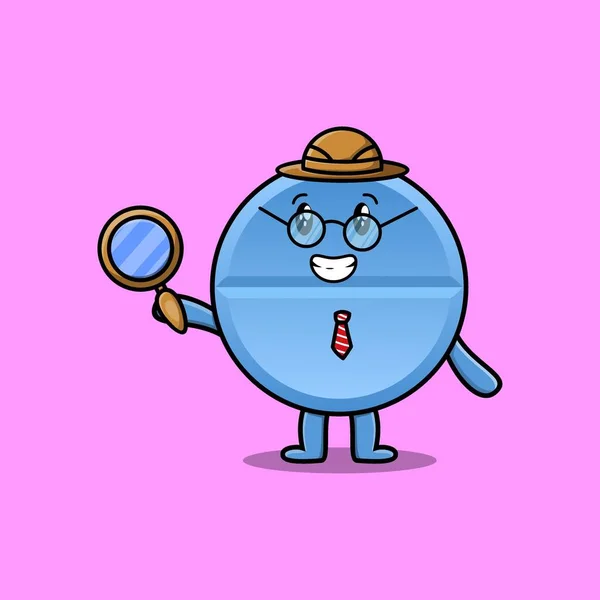 Cute Cartoon Character Pill Medicine Detective Searching Magnifying Glass — Stock vektor