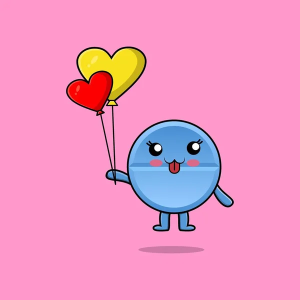 Cute Cartoon Pill Medicine Floating Love Balloon Cartoon Vector Illustration — ストックベクタ