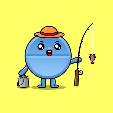 Tatlı çizgi film hapları balıkçılığa hazır balıkçılık malzemeleri giyip çizgi film karakteri