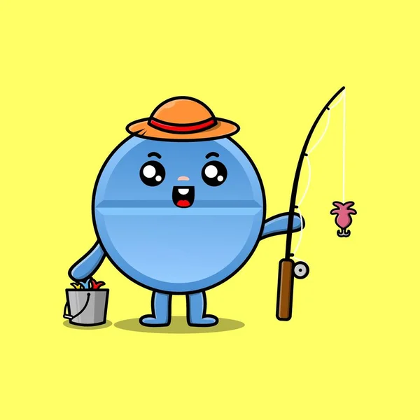 Cute Cartoon Pill Medicine Ready Fishing Wearing Fishing Equipment Cartoon — Vettoriale Stock