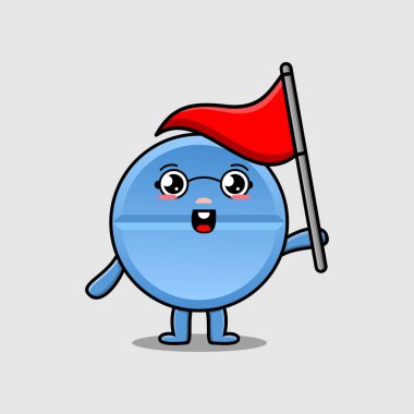 Tatlı bir çizgi roman. İlaç karakteri düz modern tasarımda üçgen bayrak tutuyor.