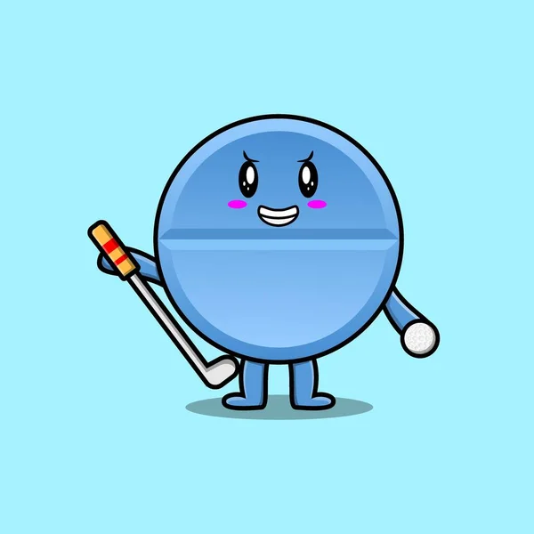Cute Cartoon Pill Medicine Character Playing Golf Concept Flat Cartoon — Stok Vektör