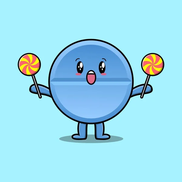 Cute Cartoon Pill Medicine Character Holding Lollipop Candy Flat Cartoon — Vettoriale Stock