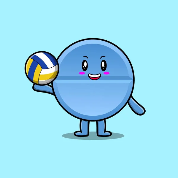Cute Cartoon Pill Medicine Character Playing Volleyball Flat Cartoon Style — Vettoriale Stock