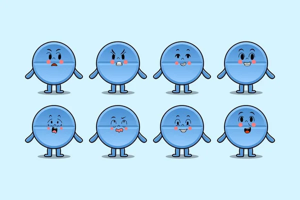 Set Kawaii Píldora Medicina Personaje Dibujos Animados Con Diferentes Expresiones — Vector de stock