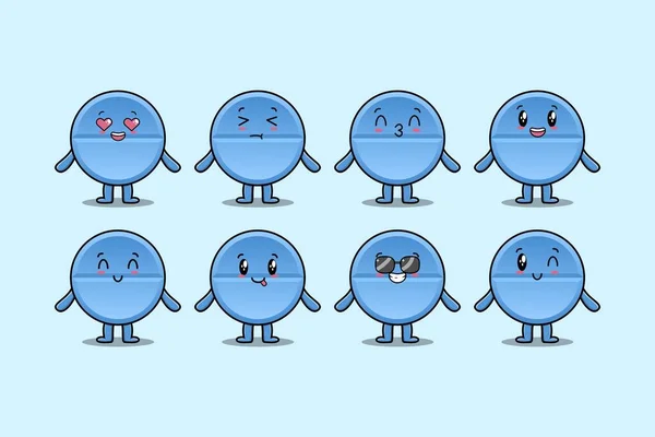Set Kawaii Pill Medicine Cartoon Character Different Expressions Cartoon Face — Wektor stockowy