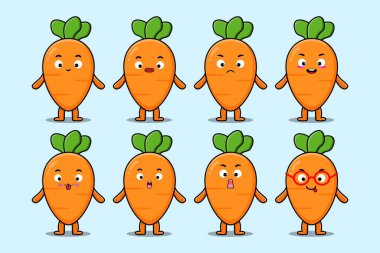 Kawaii havuç çizgi film karakterini çizgi film yüz çizimlerinin farklı ifadeleriyle ayarla