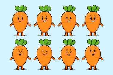 Kawaii havuç çizgi film karakterini çizgi film yüz çizimlerinin farklı ifadeleriyle ayarla