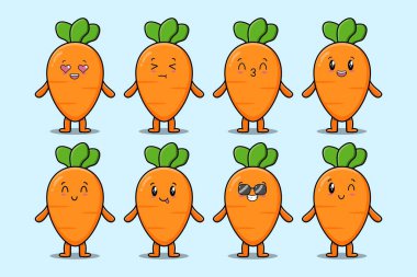 Kawaii havuç çizgi film karakterini çizgi film yüz çizimlerinin farklı ifadeleriyle ayarla