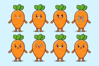 Kawaii havuç çizgi film karakterini çizgi film yüz çizimlerinin farklı ifadeleriyle ayarla