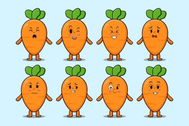 Kawaii havuç çizgi film karakterini çizgi film yüz çizimlerinin farklı ifadeleriyle ayarla