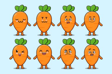 Kawaii havuç çizgi film karakterini çizgi film yüz çizimlerinin farklı ifadeleriyle ayarla