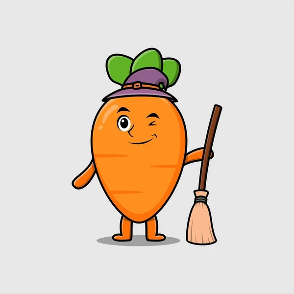 Cute Cartoon Witch Shaped Carrot Character Hat Broomstick — Wektor stockowy