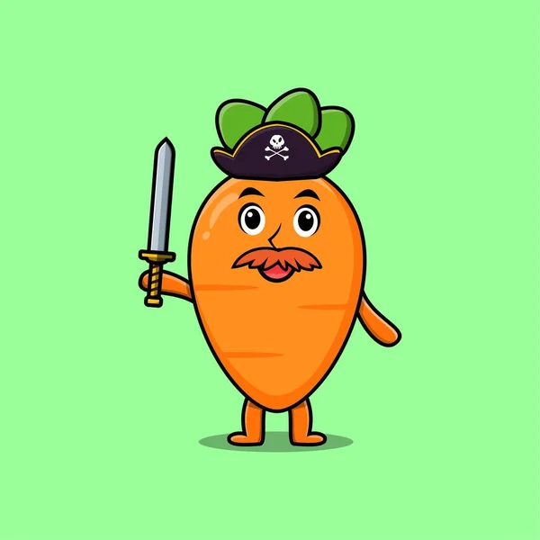 Cute Cartoon Mascot Character Carrot Pirate Hat Holding Sword Modern — 스톡 벡터