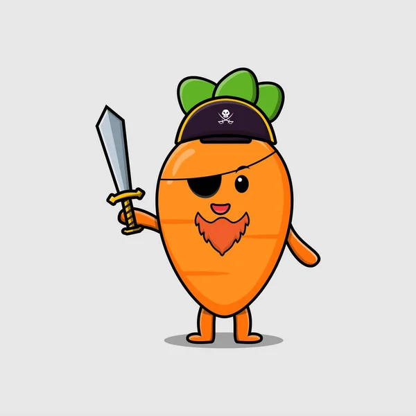 Cute Cartoon Mascot Character Carrot Pirate Hat Holding Sword Modern — 图库矢量图片