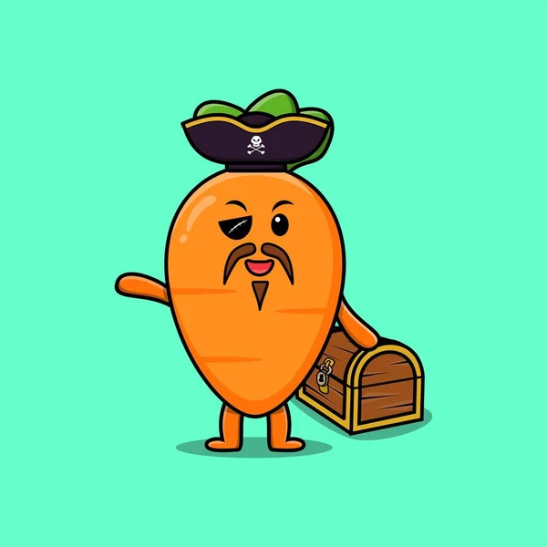 Cute Cartoon Character Carrot Pirate Treasure Box Modern Style Design — Stok Vektör