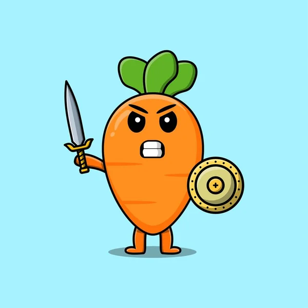 Cute Cartoon Character Carrot Holding Sword Shield Modern Style Design — Stock Vector