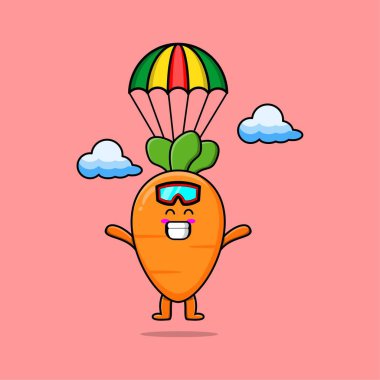 Şirin maskot çizgi filmi Havuç paraşüt ve mutlu bir jest ile paraşütle atlıyor.