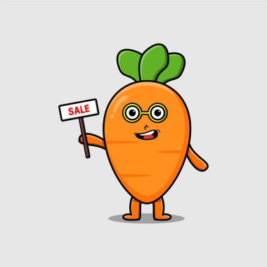 Sevimli çizgi film karakteri konsept düz çizgi film tarzında indirimli tabela tutuyor.