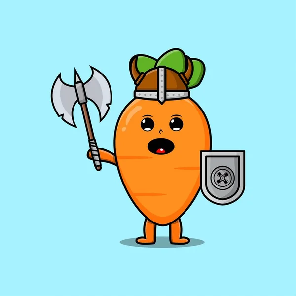Cute Cartoon Character Carrot Viking Pirate Hat Holding Shield — Stock Vector