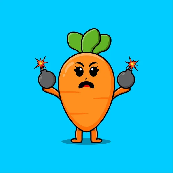 Cute Cartoon Carrot Holding Bomb Scared Expression Flat Modern Style — Image vectorielle