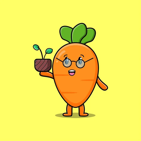 Cute Cartoon Carrot Holding Plant Pot Flat Modern Style Design — 스톡 벡터