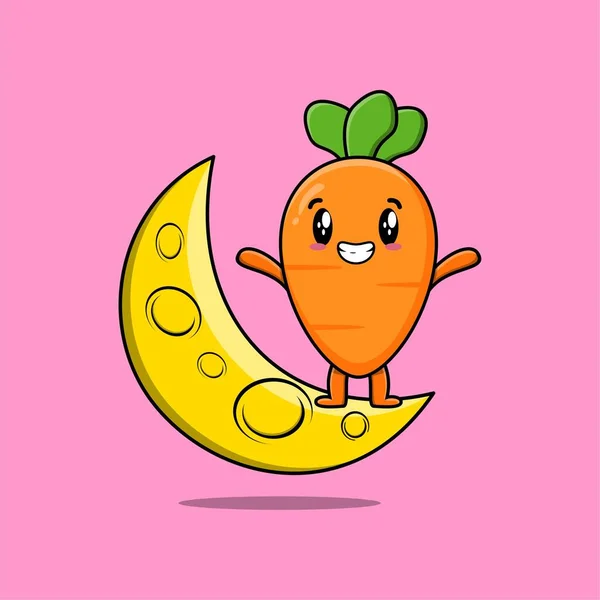 Cute Cartoon Carrot Character Standing Crescent Moon Flat Modern Design — Stock Vector