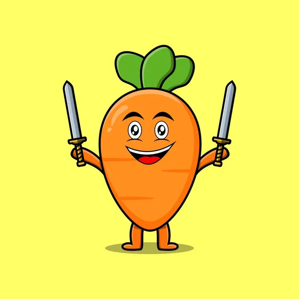 Cute Cartoon Carrot Character Holding Two Sword Flat Modern Design — Wektor stockowy