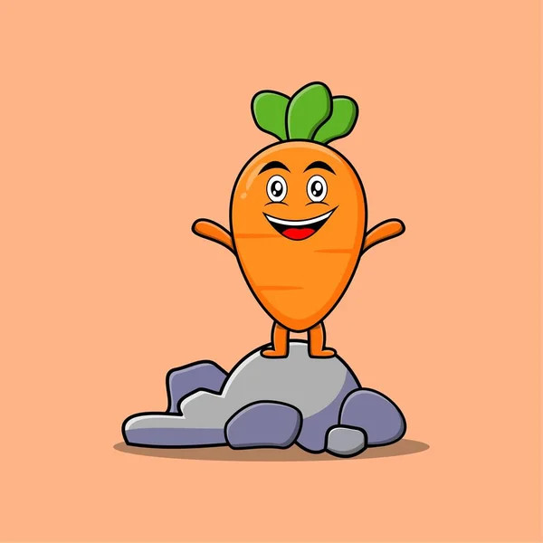 Cute Cartoon Carrot Character Standing Stone Vector Illustration Concept Flat — Stock Vector