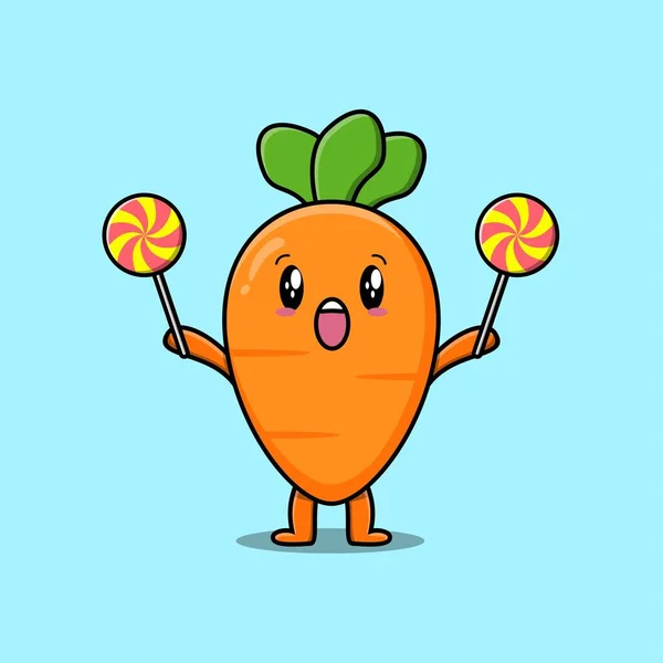 Cute Cartoon Carrot Character Holding Lollipop Candy Flat Cartoon Style — 图库矢量图片
