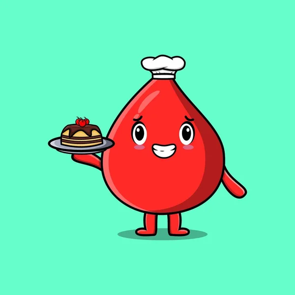Cute Cartoon Chef Blood Drop Character Serving Cake Tray Cute — Image vectorielle