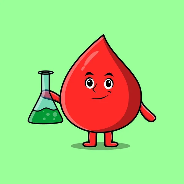 Cute Cartoon Mascot Character Blood Drop Scientist Chemical Reaction Glass — Vector de stock