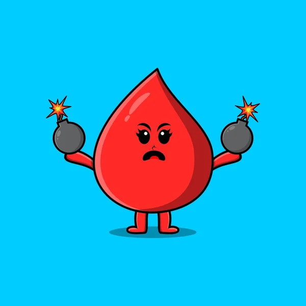 Cute Cartoon Blood Drop Holding Bomb Scared Expression Flat Modern — Image vectorielle