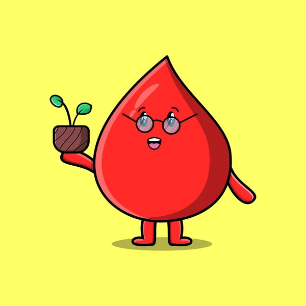 Cute Cartoon Blood Drop Holding Plant Pot Flat Modern Style — Vector de stock