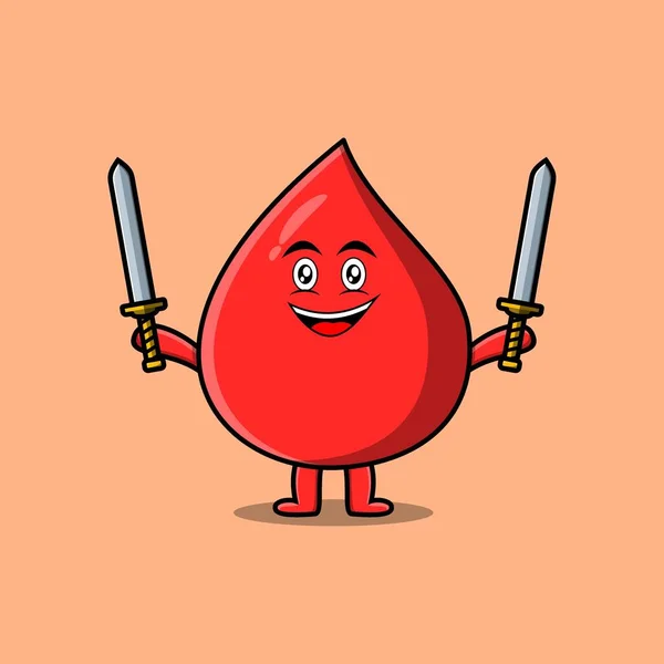 Cute Cartoon Blood Drop Character Holding Two Sword Flat Modern — Image vectorielle