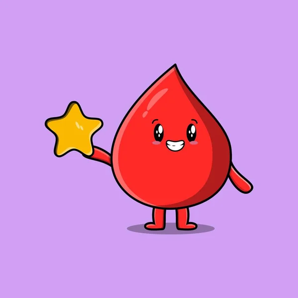 Cute Cartoon Blood Drop Character Holding Big Golden Star Cute — стоковый вектор