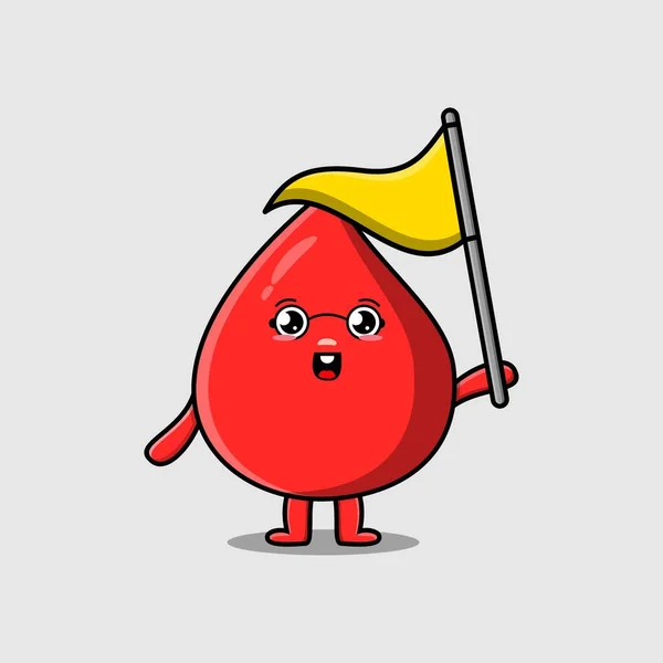 Cute Cartoon Blood Drop Character Holding Triangle Flag Flat Modern — Vector de stock