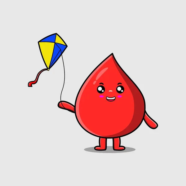Cute Cartoon Blood Drop Character Playing Kite Flaying Cartoon Icon — Vector de stock
