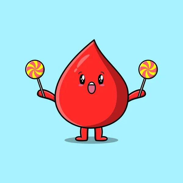 Cute Cartoon Blood Drop Character Holding Lollipop Candy Flat Cartoon — Stockvektor