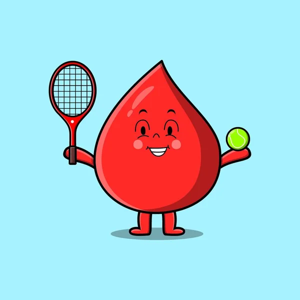 Cute Cartoon Blood Drop Character Playing Tennis Field Concept Flat — Vector de stock