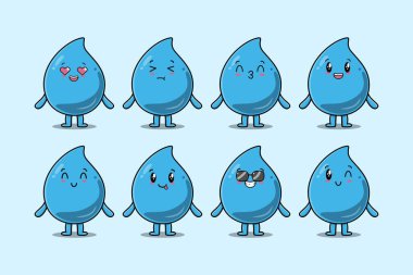 Kawaii su damlası çizgi film karakterini farklı ifadelerle çizgi film yüz çizimleri ile ayarla