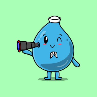 Tatlı çizgi film su damlası denizci şapkalı ve dürbünlü sevimli modern stil tasarımı kullanıyor.