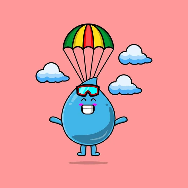Cute Mascote Cartoon Gota Água Pára Quedismo Com Paraquedas Gesto — Vetor de Stock